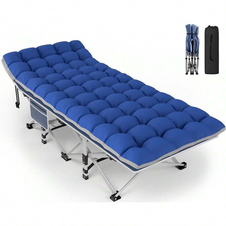 Cama plegable para camping para adultos, cama plegable portátil con colchón, cama plegable de uso rudo para campamento con bolsa de transporte para el hogar, oficina, campamento, viaje, vacaciones (capacidad máxima de 500 libras) - Cuna azul + colchoneta azul grisácea - Ver 1