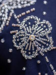 V-Neck Vintage Arabic Dress For Women, Navy Blue