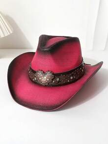 1pc Women's Heart-Shaped Belt Decor Western Cowboy Hat, Straw Hat, Spring Autumn New Versatile Sun Visor Outdoor Sun Protection Hat, Beach Hat, Suitable For Daily Wear, Beach Trip, Travel, Photo Shoot, Fashionable - Straw Hat - View 7