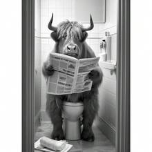 1 幅现代趣味浴室狮子牛坐在马桶上看报纸海报现代墙壁艺术高清图片帆布印刷品可用于房间家居装饰礼物可选相框 - 彩色 - 查看 25