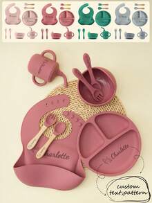 1pc/2PCS/8PCS Children Custom Silicone Tableware Set Personalized Customization Name And Pattern Kids Dinner Set Portable Utensils Adjustable Bib Sucker Bowl Plate Sippy Cup Print On Demand Toddler Meal Tray,Halloween Edit,Back To School Fashion,Christmas Gift