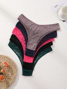 7件大码女式性感蕾丝比基尼内裤V腰无缝三角裤镂空纯色时尚运动内衣 - 彩色 - 查看 8