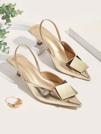 2025新款女士时尚金属搭扣优雅尖头露跟高跟鞋，优雅女鞋，优雅猫跟鞋，派对装扮