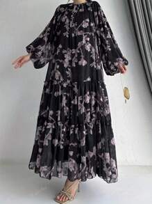 Vestito lungo e sottile da donna per l'estate, con stampa su tutto il corpo, cintura e fodera