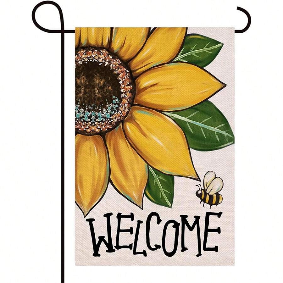 Willkommen in der Sonnenblumen Ziergartenflagge für Frühling und Sommer, Blumen-Hummel-Gelb Terrassen- und Outdoor-Dekoration, saisonale Landhausdeko für Outdoor kleine Heimdekoration beidseitig 30 x 45 cm 70 x 100 cm