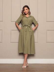 Dress Simple Casual Elegant Party With Belt Button - Olive Green - View 1
