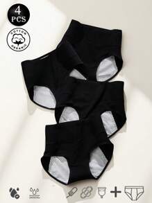 4 peças/pacote Calcinha Fisiológica de Cintura Alta para Mulheres, Calcinha Higiênica Preta com Entreperna Extra Longa para Período Menstrual, Cor Sólida, Elástica Tamanhos Grandes XS-XXL