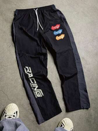 Pantalones deportivos casuales y cómodos para hombre con estampado de letras en parches de colores contrastantes, para primavera/otoño