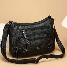 [Bolso bandolera ligero con cremallera] Elegante bolso bandolera de mujer con múltiples bolsillos, bolso de hombro de piel sintética, de unicolor ligero con correa ajustable, cierre con cremallera, forro de poliéster, bordes pintados, para uso diario y ocasiones - disponible en negro, gris, rojo, marrón claro