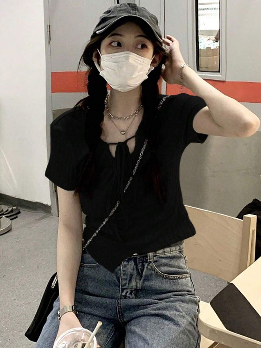 灰色简约不对称休闲女式短袖T恤,夏季黑色 - 黑色 - 查看 1