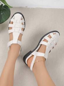 1 Pair Plain Color Bohemian Holiday PU Leather Hollow Out Flat Sandals, For Outdoor Vacation, Beach Wear In Summer
