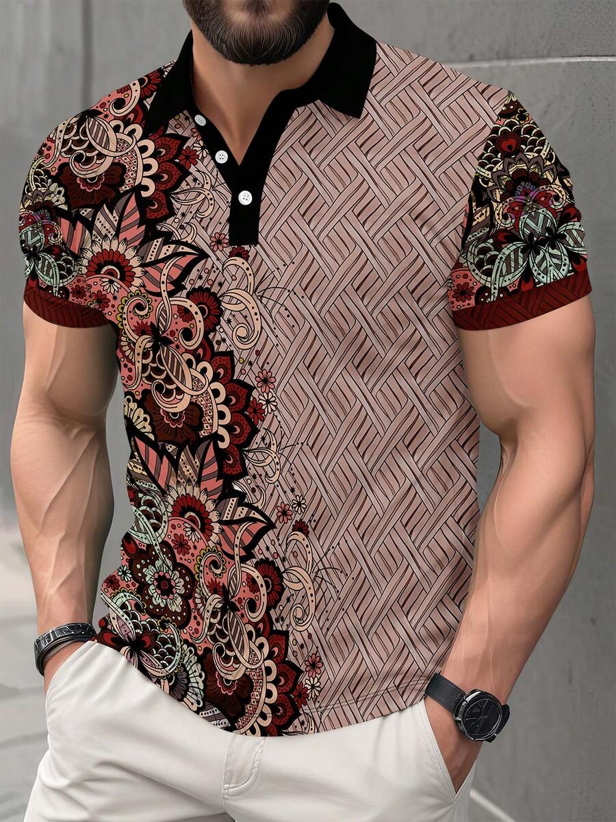 Camisa polo de manga corta con estampado floral, casual y formal, para hombre - Multicolor - Ver 1