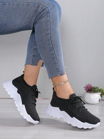 女士新款透气网眼厚底防滑系带休闲运动鞋，尺码 36-43，春夏