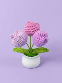 1pc Handmade Crocheted Yarn Simulation Tulip Potted Plant, Round Cute Woven Yarn Tulip, 1 Double Headed Stamen, 1 Triple Headed Flower Bud, Desktop, Car, Office, Home Decoration, Small Gift, Can Be Given To Family, Friends, Classmates, Birthdays, Teachers, Souvenirs, Night Market Camping Parties, Scenic Spots Easter Gifts Graduation,Garden Decor,Outdoor Plant,Gardening,Fake Flowers