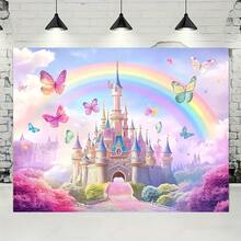 1pc Multipurpose Polyester Fiber Spring Landscape Background With Butterfly And Castle Design, Durable, Suitable For Weddings, Birthdays, All Seasons - No Power Needed - Pink - View 4