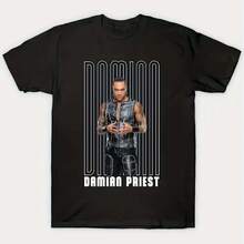 Plus Size Damian Priest Retro Style Cotton T-Shirt-Men's Black Tee With White Striped Design & "DAMIAN PRIEST" Print All-Season Wear Machine Washable Big And Tall Men Clothing - màu đen - Xem 1