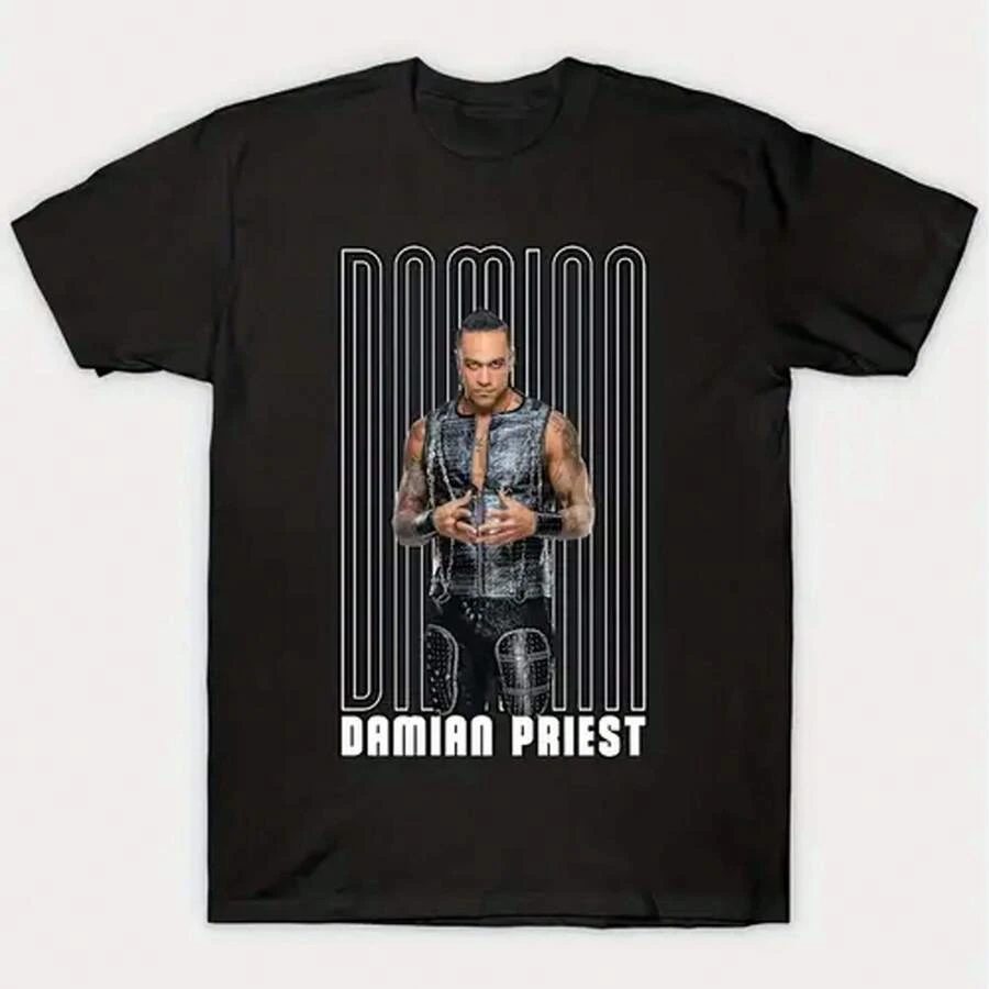 Plus Size Damian Priest Retro Style Cotton T-Shirt-Men's Black Tee With White Striped Design & "DAMIAN PRIEST" Print All-Season Wear Machine Washable Big And Tall Men Clothing - màu đen - Xem 1
