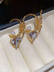 1 Paar vintage Herz & Perlen zarte Ohrringe für Frauen, kupferfarbene C-förmige goldfarbene Ohrstecker, luxuriöse, elegante, massive Ohrringe, geeignet für den täglichen Gebrauch, Hochzeit, Valentinstag, Muttertag, Geschenk