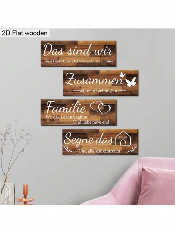 4pcs German Familie Family Heart Butterfly Retro Style Leaves House Pattern Gift Wall Wood Porch Hanging Print Decorative Sign Painting Decoration Ornament, Tree For Garden Room