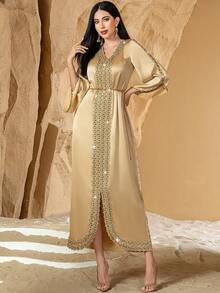 New Style Champagne Color Contrast Lace Handmade Beaded Arabic Evening Dress