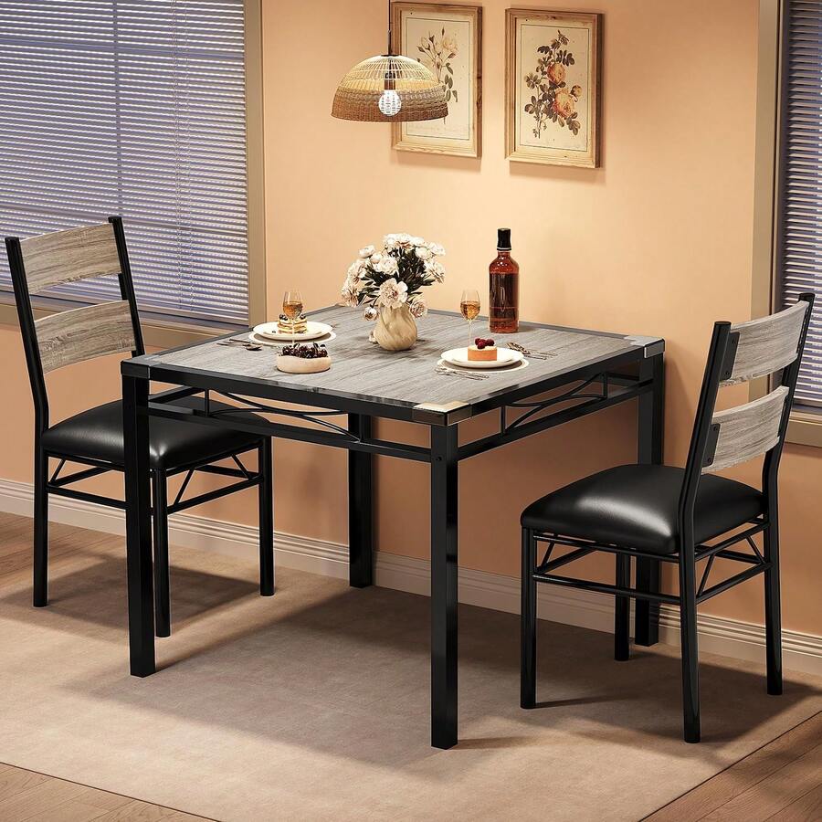 Studyset Dining Table Set For 2,Kitchen Table With 2 Upholstered Chairs,Wood 3-Piece Kitchen Dining Room Set With Corner Protector,Compact Dining Set For Small Space,Apartment - Grey - View 1