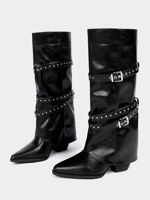 Women's Pointed Toe Chunky Heel Over-The-Knee Boots, Fashion Thigh High Boots With Rivet & Belt Buckle, Slip On Western Boots