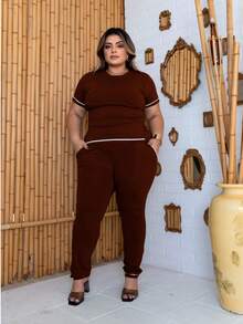 Women's Tailored Set Slim Fit Trousers And Short Sleeve Blouse With Button Details - 鏽棕色 - 查看 4