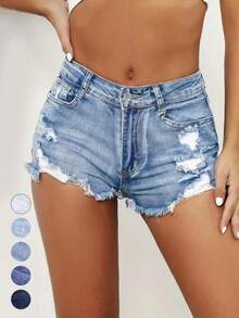 Pantalones cortos de mezclilla vintage con bolsillos rasgados para mujer, pantalones cortos informales de jean con bajo deshilachado para uso diario, prendas inferiores de jorts de otoño para damas, jeans elásticos, jeans para mujer, pantalones para mujer, jeans, ropa Y2K - Lavado ligero - Ver 2