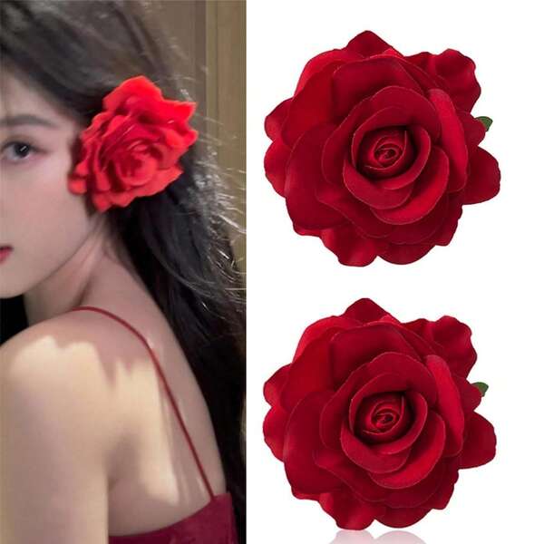 2 Peças Conjunto Broche e Presilha de Cabelo de Rosa Vermelha Vintage de Uso Duplo, Presilha de Cabelo com Flor Vermelha Grande, Acessório de Cabelo com Flor Artificial, Múltiplas Formas de Usar, Presilha de Cabelo, Clipes de Cabelo, Ganchos de Cabelo, Presilhas para Cabelo, Grampos de Cabelo, Barrretes de Cabelo, Roupas de Férias para Mulheres