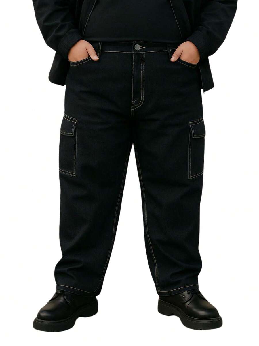 Men's Black Twill Cargo Pants With White Line - màu đen - Xem 1