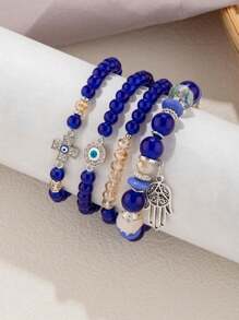 4pcs Blue Eye, Cross, Hamsa Hand Beaded Bracelet Set