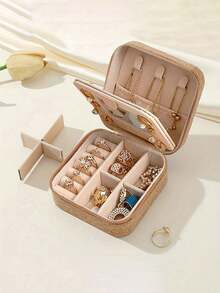 1 件印花旅行珠宝收纳盒,女士礼物,迷你珠宝收纳盒,双层便携式迷你珠宝展示和收纳盒,带镜子的项链和耳环架,粉色旅行必需品,妇女节礼物,适用于假日海滩、浴室收藏、卧室收藏,大容量 - 彩色 - 查看 3