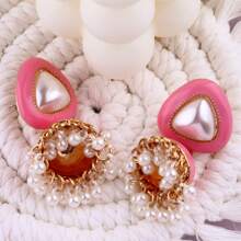1 Pair Of Zinc Alloy Faux Pearl Fashionable Bohemian Earrings, Colored Enamel Retro Three-Dimensional Conical Small Pendant Earrings, Elegant Pearl Earrings And Stud Earrings Suitable For Daily Banquets, Beaches And Vacations