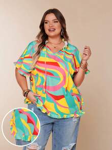 Plus Size Women Casual Holiday Multicolor Graphic Print Tie V-Neck Ruffle Trim Summer Tops - Green - View 4