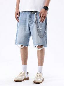 Men's Summer Light Wash Distressed Denim Shorts, US Street Fashion Casual Loose Fit Bermuda Jeans Shorts, Suitable As Gift For Boyfriend Or Husband - Blue - View 3