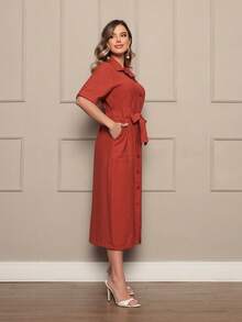 Dress Simple Casual Elegant Party With Belt Button - 亮橙色 - 查看 4