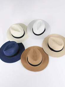 An Item Of Women's Accessory: A Lightweight, Beige (Khaki) Straw Hat Adorned With A Black Ribbon. It's Breathable And Cool In Summer - Khaki - View 7