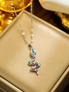 1pc Rhinestone Inlaid Colorful Snake-Shaped Punk Stainless Steel Pendant Necklace, Fashion DIY Jewelry - Diamond Snake - View 9