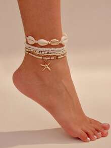 6/7pcs Bohemian Style Beachy Sea Star, Shell And Rice Bead Elastic Anklet Set, Summer - Multicolor - View 11