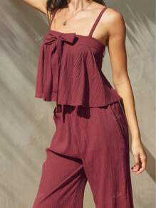 2pcs Set Solid Color Butterfly Strap Camisole Top & Pants