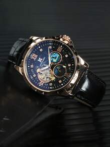 AOKULASIC 1 Stück Mode Luxus Tourbillon Skelett Automatik mechanische Uhr für Herren mit leuchtenden Zeigern, Lederarmband, Business Lässig Uhr als Geschenk