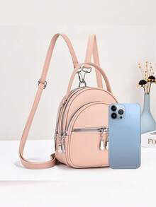 New Fashion Women Double Shoulder Backpack, Convertible To Crossbody And Handbag, Multifunctional Soft Leather Small Backpack - Baby Pink - View 3