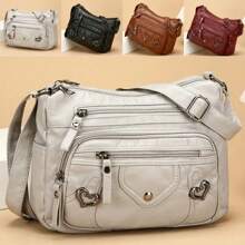 [Bolso bandolera ligero con cremallera] Elegante bolso bandolera de mujer con múltiples bolsillos, bolso de hombro de piel sintética, de unicolor ligero con correa ajustable, cierre con cremallera, forro de poliéster, bordes pintados, para uso diario y ocasiones - disponible en negro, gris, rojo, marrón claro