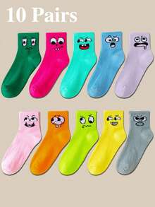 10 Pairs Unisex Quirky Expression Plain Mid-Calf & Ankle Socks, Fashion Creative Comfortable Casual For Daily, Home, Party, Holiday Wear - Multicolor - View 10