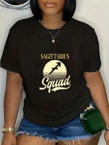 Sagittarius Zodiac Design Vintage Retro  Gift T-Shirt Round Neck Short Sleeve T-Shirt Women's Men's Graphic Tee Casual Topssummer T-Shirt For Women - 黑色 - 查看 1