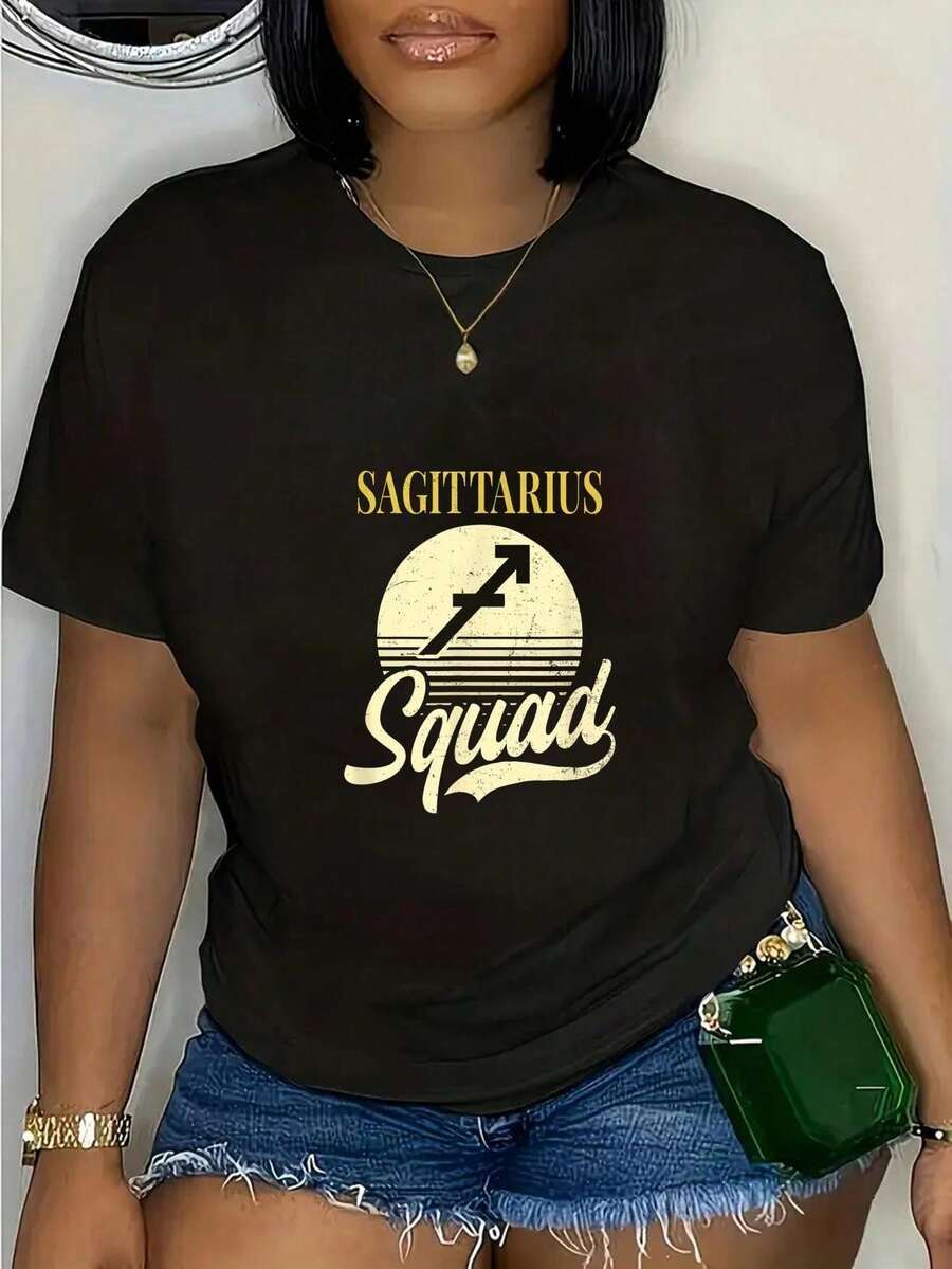 Sagittarius Zodiac Design Vintage Retro  Gift T-Shirt Round Neck Short Sleeve T-Shirt Women's Men's Graphic Tee Casual Topssummer T-Shirt For Women - 黑色 - 查看 1