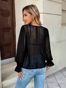 Top cu mânecă lungă, elegantă, cu decolteu în V, de culoare solidă - Negru - Vizualizare 2