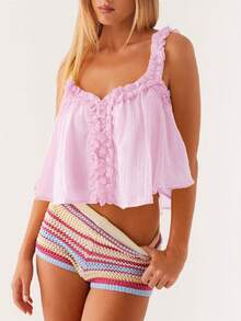 Women Y2k Ruffle Hem Crop Tank Tops Sleeveless Spaghetti Strap Flowy Camisoles Sexy V Neck Babydoll Tops Cute Going Out Cami Shirt