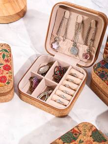 1/5pcs Printed Jewelry Box, Small PU Leather Travel Jewelry Storage Box, Double-Layer Portable Mini Jewelry Display And Storage Box, Multifunctional Jewelry Storage Box, Zipper Convenient Jewelry Bag, Essential For Travel And Home, Suitable For Earrings, Rings, Necklaces, Bracelets, Nail Art, Women's Day Gifts, Christmas Gifts, Halloween Gifts, Women's Gifts,For Holiday Beach, Bathroom Collection, Bedroom Collection, Large Capacity - Multicolor - View 5