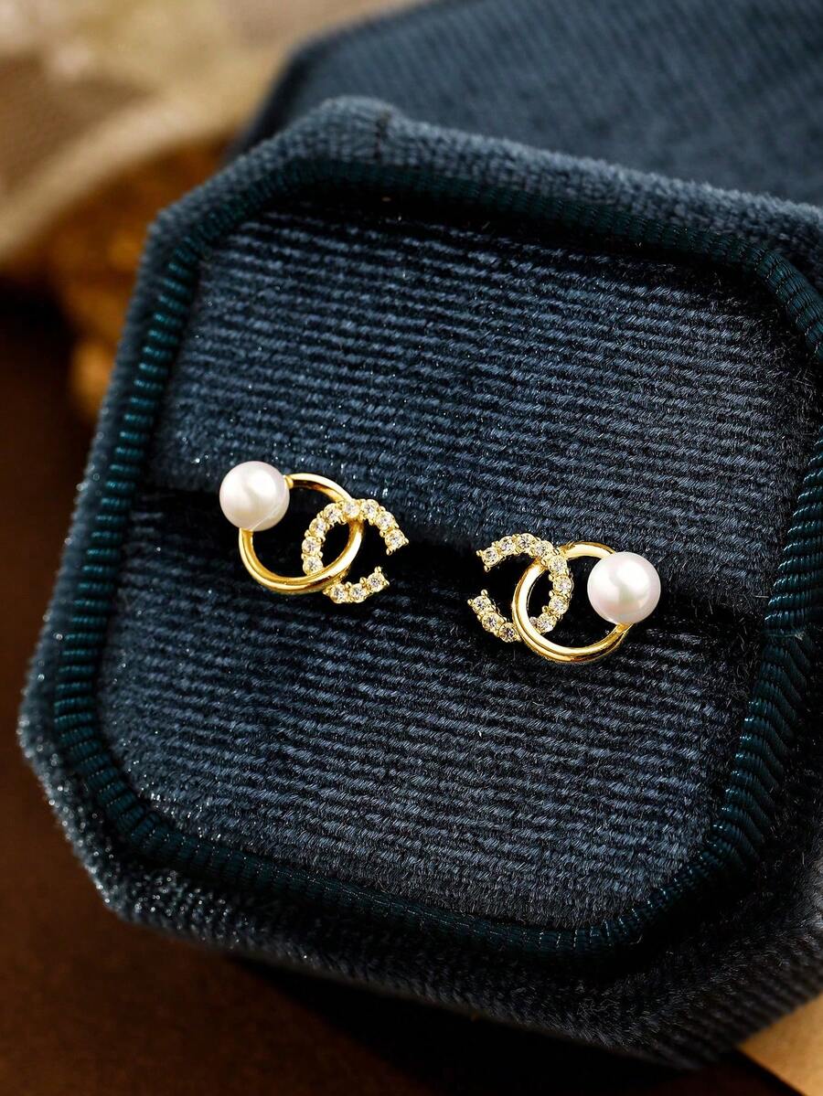 SYMFNY 1 对 925 银精致 C 形锆石和仿珍珠耳环，奢华精品，女士惊喜礼物 - 金黃色 - 查看 1